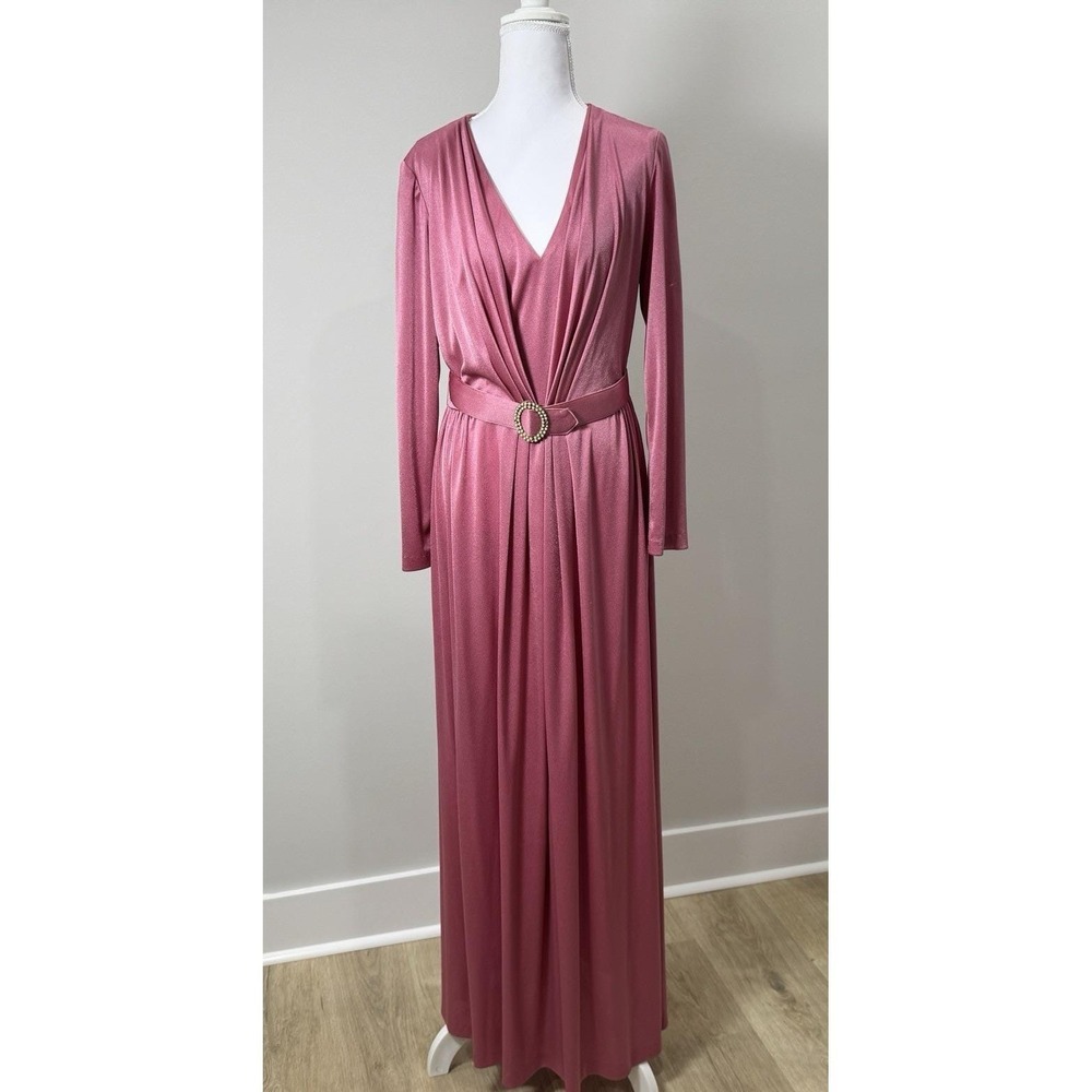 Vintage Dusky‎ Pink Maxi Dress Long Sleeve Belted Draped Bodice 70s Style S